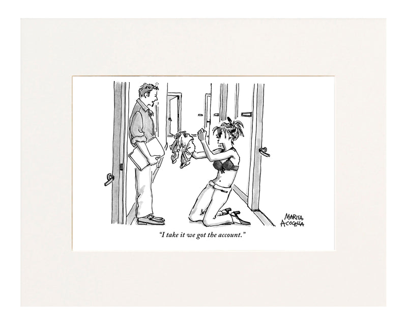  "I take it we got the account."_x000D_(Businesswoman, jubilant, has ripped off shirt, soccer-style. Brandi Chastain was the woman on the US soccer team who recently did this after US defeated China in the women&