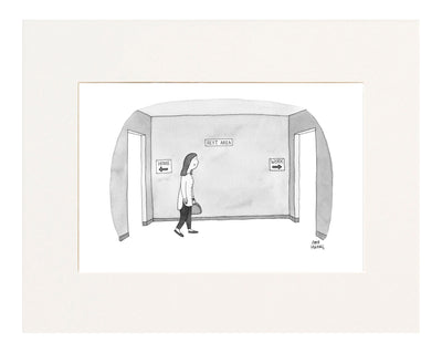  Woman walks through vestibule labeled "Rest Area" from one doorway labeled "Home" to another doorway labeled "Work".