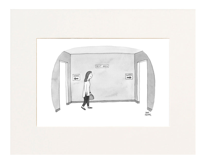 Woman walks through vestibule labeled "Rest Area" from one doorway labeled "Home" to another doorway labeled "Work".
