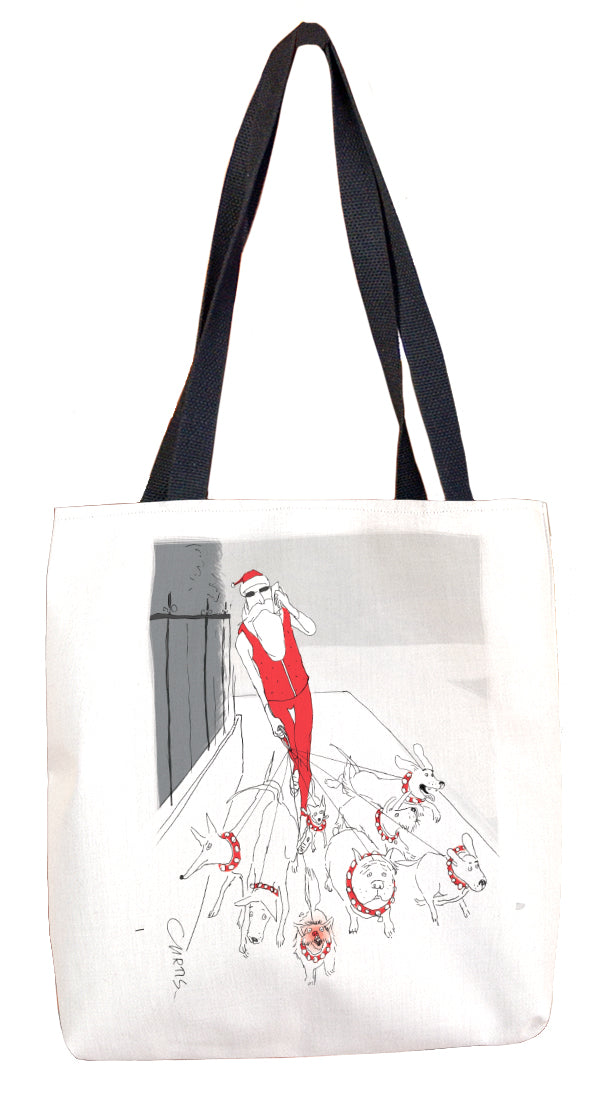 Santa Claus walks dogs tote bag